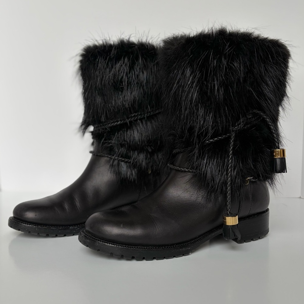 Louis Vuitton Black Fur Moto Boots with Leather Tassel Accents